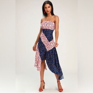 Lulus Golden Hour Blush and Navy Floral Print Strapless Midi Dress
